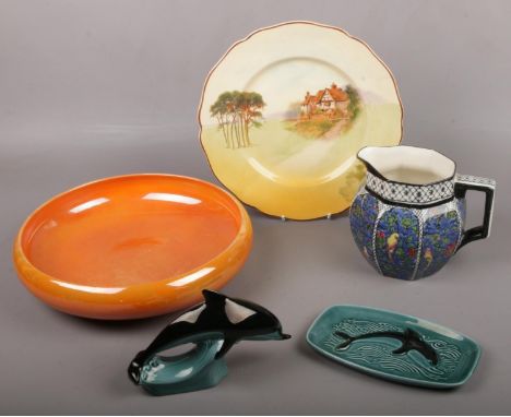 A Royal Doulton large dish, Jug No D4031, Plate No D4987 to include Poole Dolphin figure and dish  