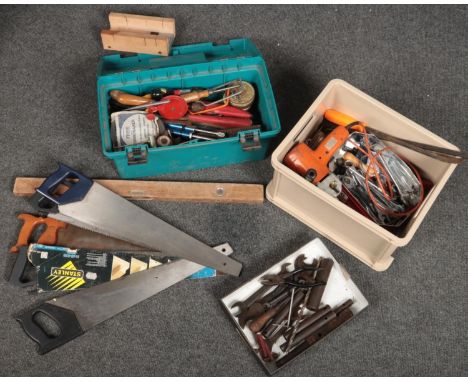 A toolbox and a box containing assorted hand tools.  