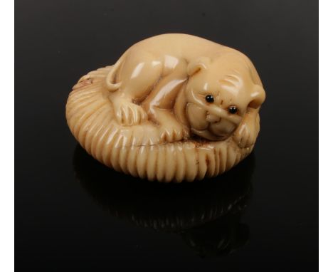 A signed tagua nut netsuke formed as a recumbent dog.  