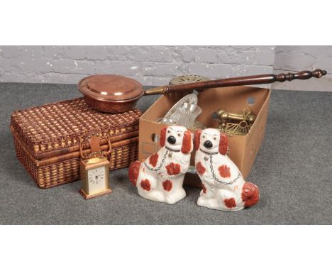 A box of miscellaneous, Victorian bed warmer, ceramic mantel dogs, cut crystal vases, Timemaster mantel clock wicker picnic b