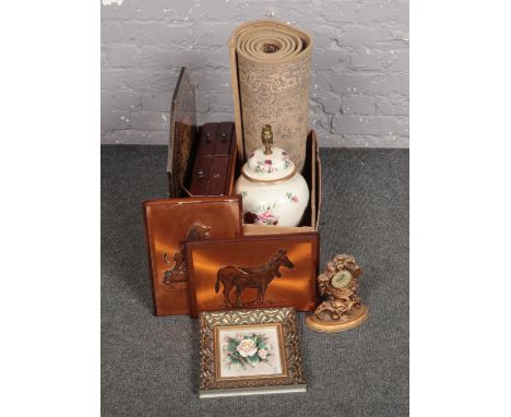A box of miscellaneous, to include floral table lamp, runner, copper pictures etc.  