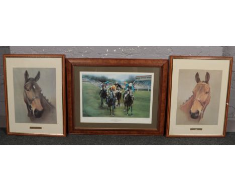 Max Brandrett framed limited edition horse racing print, titled photo finish, signed. Along with a pair of race horse portrai