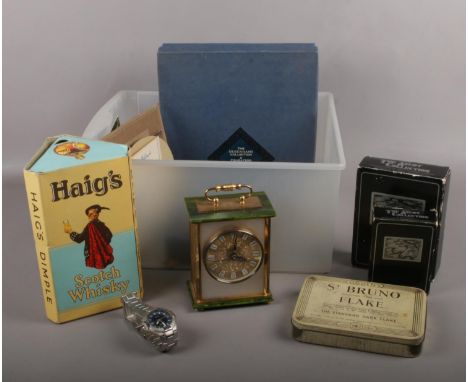 A Box of collectables, Bentima mantel clock, Avon The Ascot Collection Aftershave, Haig's Dimple empty bottle, Boxed silver p