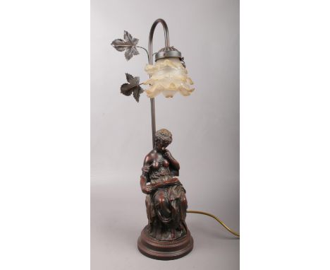 A bronzed composite figural table lamp of a lady reading.  