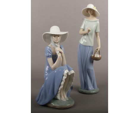 Two Nao porcelain figurines, Lady with basket of apples No. 1301, Sitting lady  