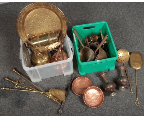 Two boxes of assorted metalwares including a pair of Indian bidri ware vases, Victorian copper and brass, fireside companion 