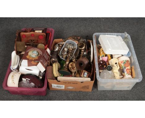 Three boxes of miscellaneous including brass postal scales (no weights), pottery and china, metalwares and silver plate etc. 