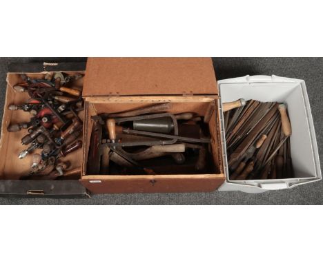 Three boxes of tools. Hand drills, joiners tools and files.  