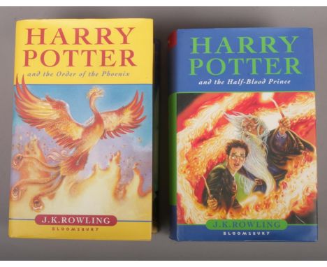 Two first edition J K Rowling Harry Potter books, Order of the Phoenix and Half-Blood Prince, both with dust covers.  