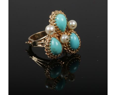 A 14ct gold, turquoise and pearl cocktail ring with unusual hinged shank. 10.8 grams gross. Size R 1/2.  