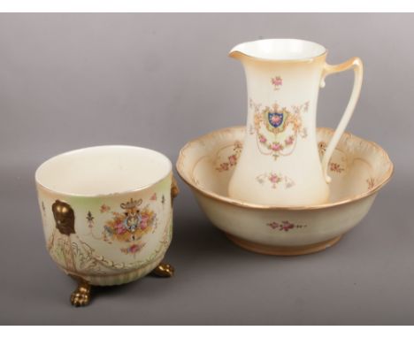 A Crown Ducal wash jug and bowl, along with a Crown Devon Fieldings planter.  