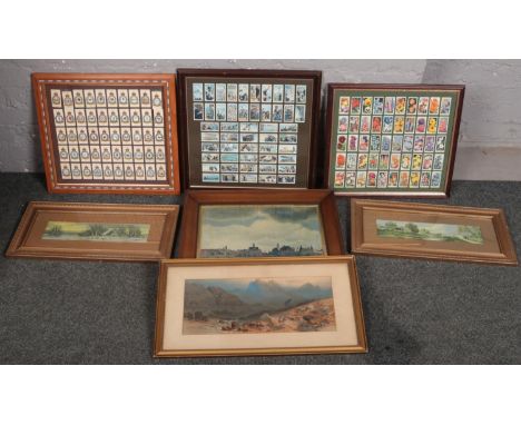 After Vermeer, framed oleograph, view of Delft. Other prints and framed cigarette cards.  
