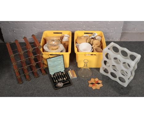 Two boxes of miscellaneous to include wine racks, ceramics, hip flask, cased flatwares etc.  