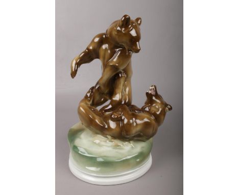 A Zsolnay Pecs ceramic figure, after Bela Markup, fighting bears.  