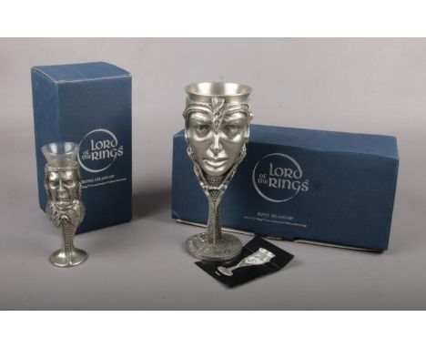 Two boxed Royal Selangor Lord of the Rings ornaments; Eowyn goblet and Sauron shot glass.  