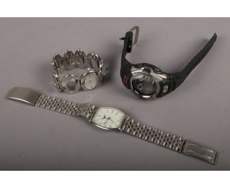 Three wristwatches to include manual Longines, fossil and G-Shock.  Longines glass cracked, missing crown.