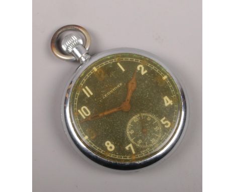 A military chromium plated pocket watch. With black dial signed Leonidas and having subsidiary seconds. Stamped to the caseba