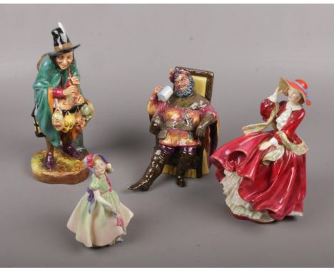 Four Royal Doulton figurines, The Foaming Quart HN2162, The Mask Seller HN2103, Top of the Hill HN1834, Babie HN1679  The Mas