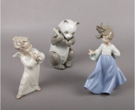 Lladro figure 4540 Angel playing Flute, to include Nao Panda &amp; Dancing girl  