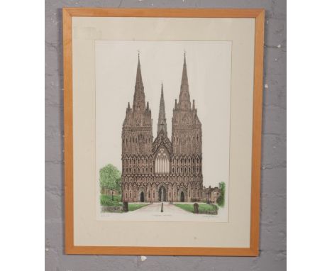 A David Gentleman framed limited edition lithograph print, Lichfield Cathedral, signed in pencil 66/150.  