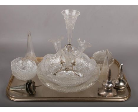 A tray of Victorian / Edwardian silver plate and glass epergne components. Flutes, dishes and one stand including one assembl