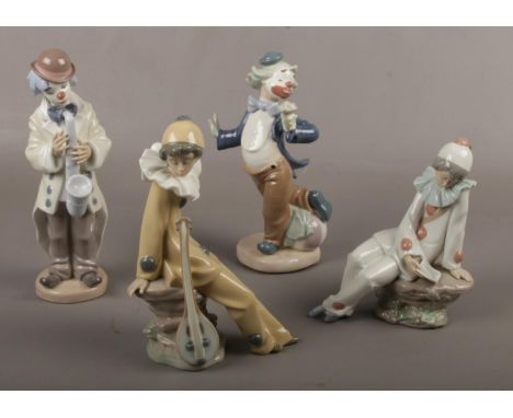 Three Nao porcelain figurines, dancing clown with ball, two sitting musicians, to include Lladro porcelain figure 'Sax Sax' C