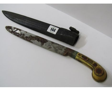 EDGED WEAPON, Eastern carved bone handle dagger with decorated leather scabbard, 14.5" overall length 