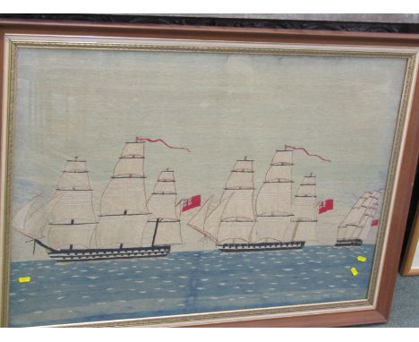MARITIME, 19th Century coloured woolwork panel "Depicting 3 British Triple Masted Frigates", 24" x 35" 