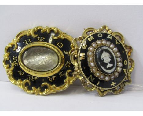 MOURNING JEWELLERY, 2 mourning brooches both yellow metal and black enamel, 1 set with seed pearl, 1 dated 1845, other 1847 