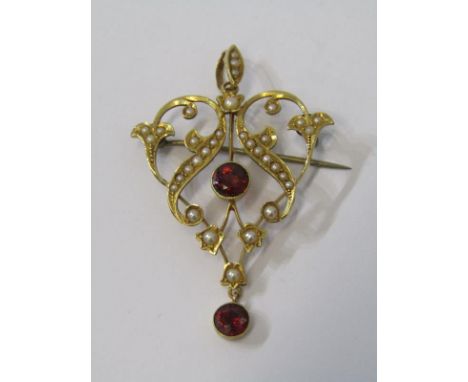 VINTAGE 9ct SEED PEARL &amp; GARNET BROOCH/PENDANT 