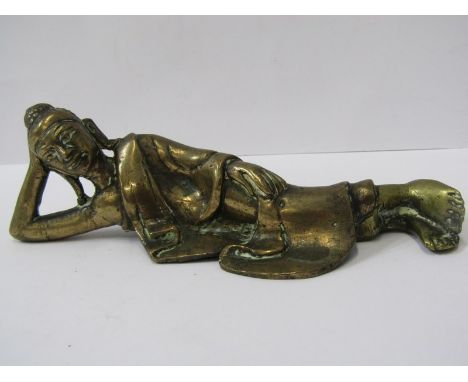 ORIENTAL METALWARE, Bronze figure of reclining sage, 6" length 