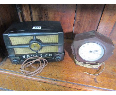 BAKELITE, Emerson black bakelite radio model 587A, 9" width, together with brown bakelite electric mantel clock by Ferranti 