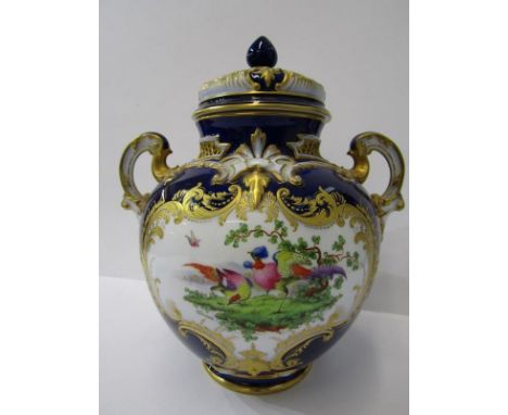 ROYAL WORCESTER, pot pourri vase, gilded Royal Blue ground twin handled and lidded vase, decorated reserve of Exotic Birds, s