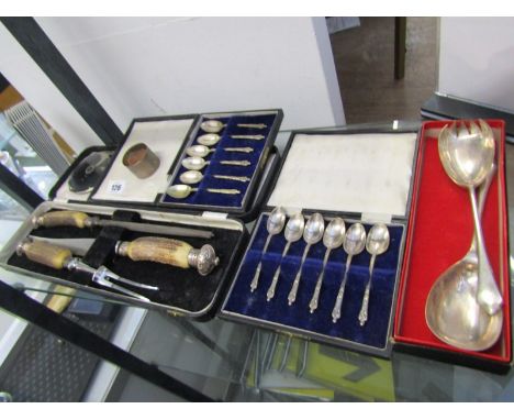 CUTLERY, cased antler handled carving set, HM silver serviette ring, vintage compact &amp; 2 sets of plated apostle teaspoons