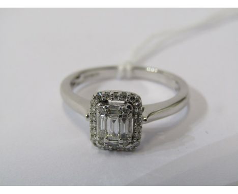 9ct WHITE GOLD ILLUSION SET DIAMOND CLUSTER RING, 5 principal rectangular cut diamonds of good colour &amp; clarity, illusion