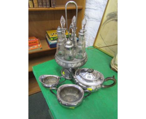 SILVER PLATE, 6 bottle condiment set on plated stand with etched glass decoration, together with 3 piece silver plate oval te