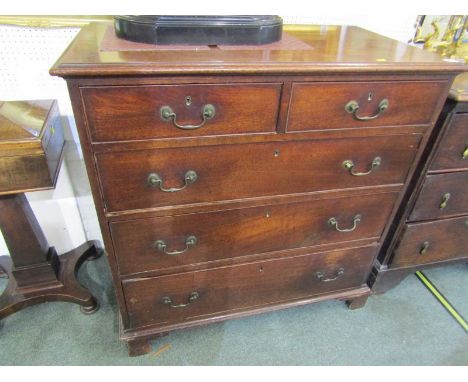 GEORGIAN MAHOGANY CHEST, 2 short, 3 long graduated drawers with brass swan neck handles and bracket feet, 38" height and widt