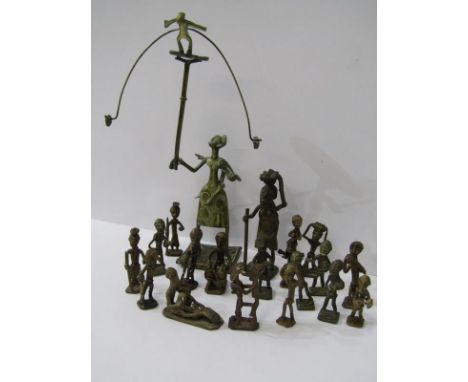 ETHNIC SCULPTURES, A collection of 20 brass and bronze ethnic figures including, acrobatic trio, 10.5" height, and two erotic