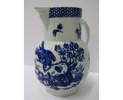 18th CENTURY WORCESTER, Porcelain "Parrot pecking Fruit" pattern cabbage leaf and mask lipped 7" jug (firing crack to handle)