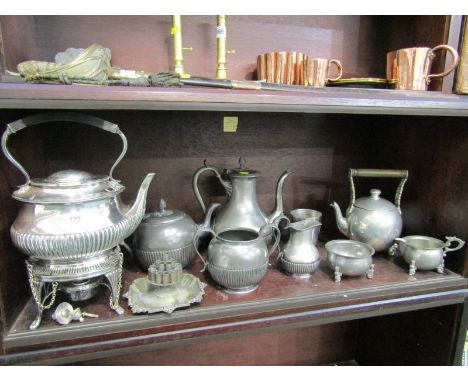 SILVER PLATE, Victorian plated spirit kettle on stand with fluted base, also Britannia metal 4 piece tea and coffee service a