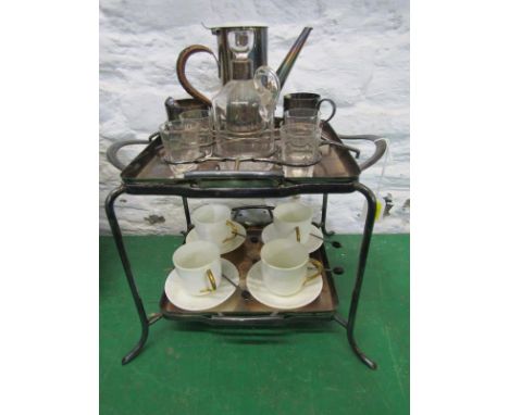 SILVERPLATE, 2 tier coffee and liquor set with silver collared decanter, &amp; Coalport coffee cans 