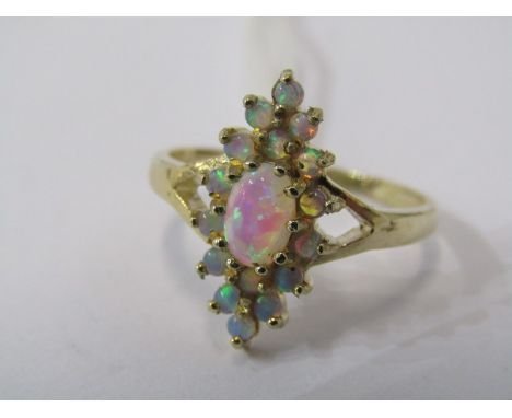 9CT YELLOW GOLD OPAL CLUSTER RING, marquise shape cluster on 9ct yellow gold setting, size N/O 