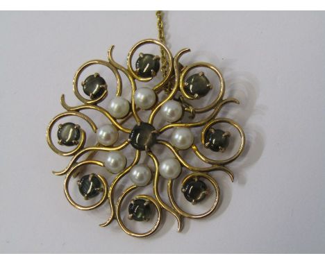 VINTAGE SEED PEARL &amp; LABRADITE GOLD BROOCH, testing 9ct, approx 8.1 grams 