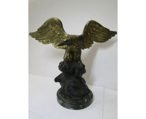 BRONZE EAGLE, circular marble base gilded Eagle on rocky outcrop, 10" height 