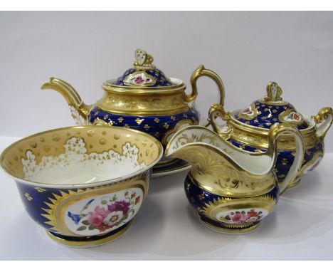 REGENCY RIDGWAY, gilded porcelain tea service, Royal Blue ground with reserves of floral sprays, consisting of Butterfly fini