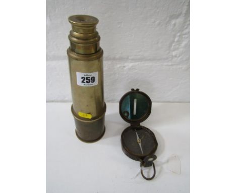 OPTICS, 4 draw brass telescope, 26" length, together with brass pocket compass, stamped "Stanley" 