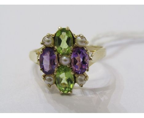 9CT YELLOW GOLD SUFFRAGETTE STYLE RING, amethyst, peridot &amp; seed pearl to give colours of green, purple &amp; white if th