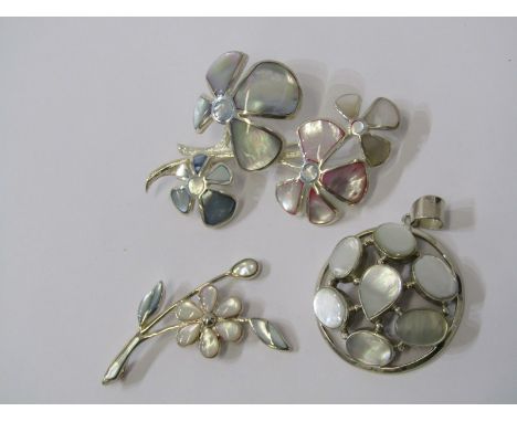 SILVER &amp; MOTHER OF PEARL JEWELLERY, 1 large floral pattern silver &amp; mother of pearl brooch &amp; 2 silver &amp; mothe