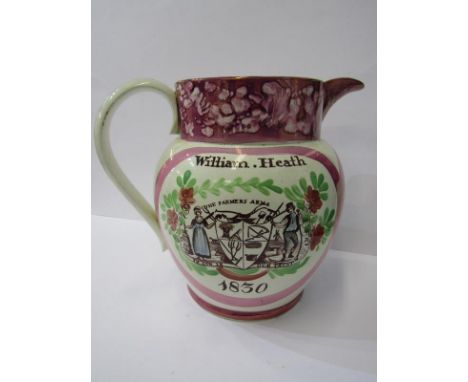 SUNDERLAND POTTERY, pink lustre 9" jug, inscribed "William Heath 1830", with Iron Bridge and Farmers Arms reserves 