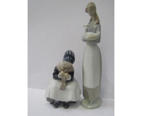 COPENHAGEN, figure of Seated Girl Sewing, pattern no 1314, 6" height and Nao figure of Young Lady with Goose, 10.5" height 